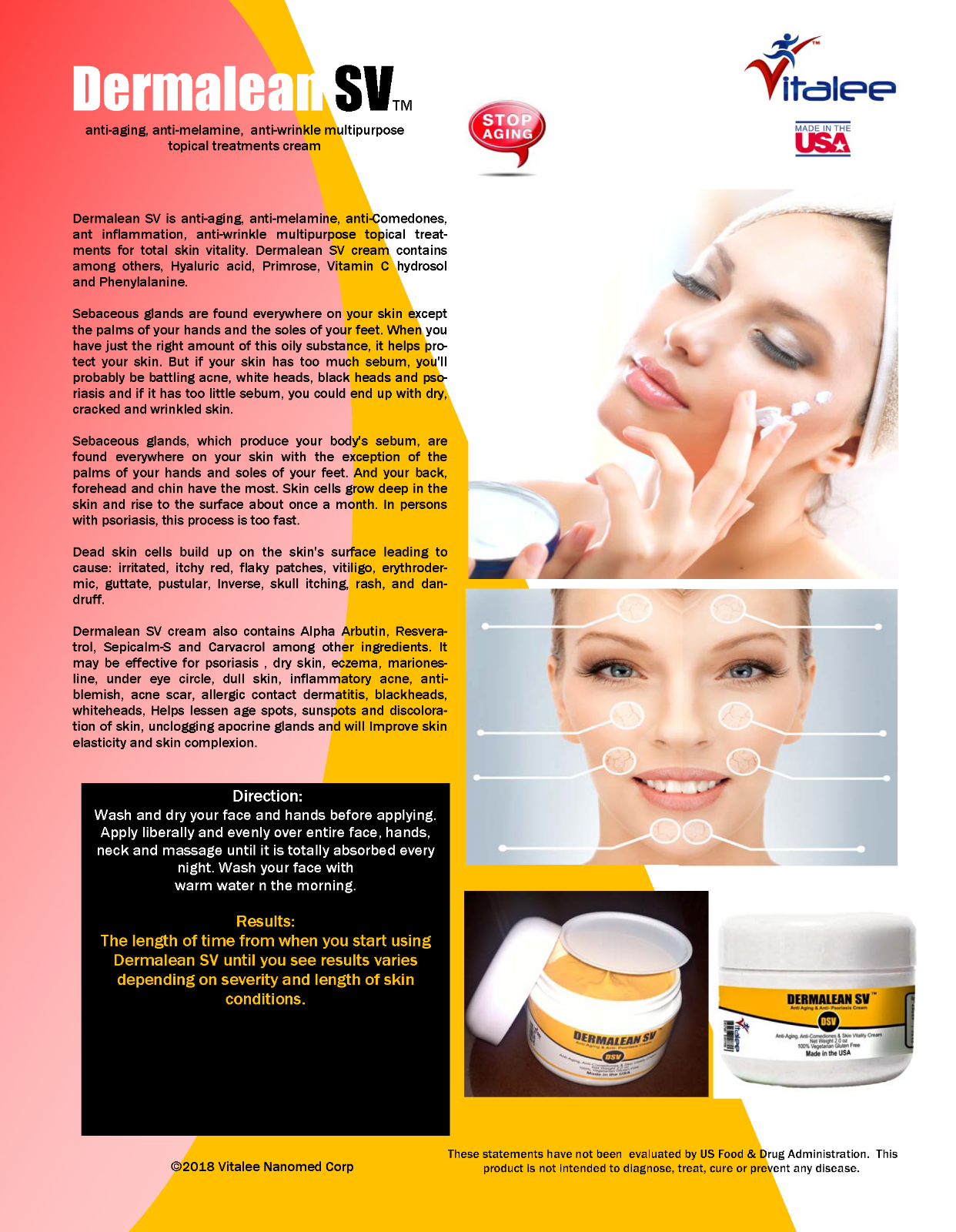 Dermalean SV-Anti Aging & Wrinkle Cream For Younger Looking Skin.( 2 Oz Cream)