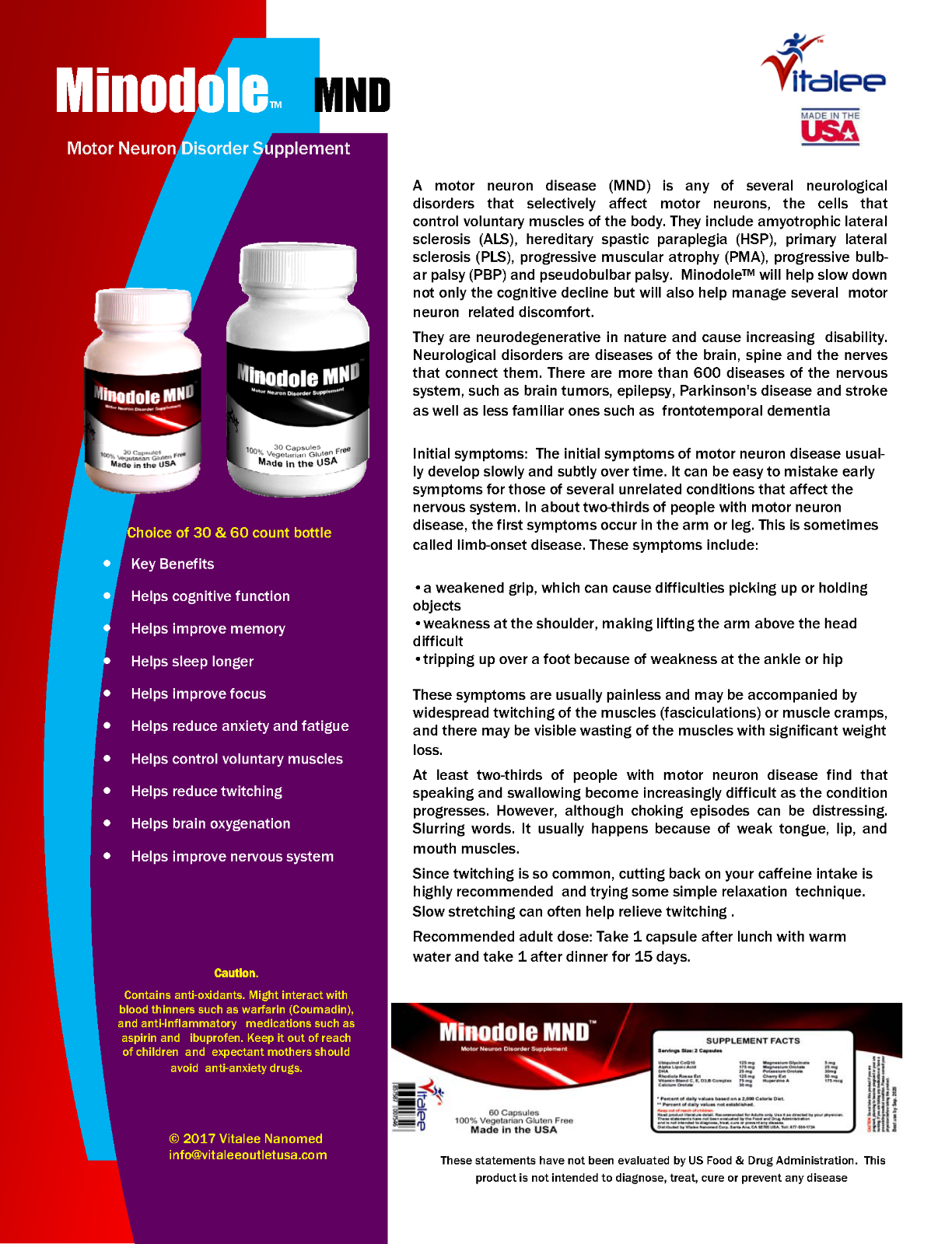 Minodole MND Motor Neuron Disorder Nervous System Relief Supplement (Caps 30 ct)