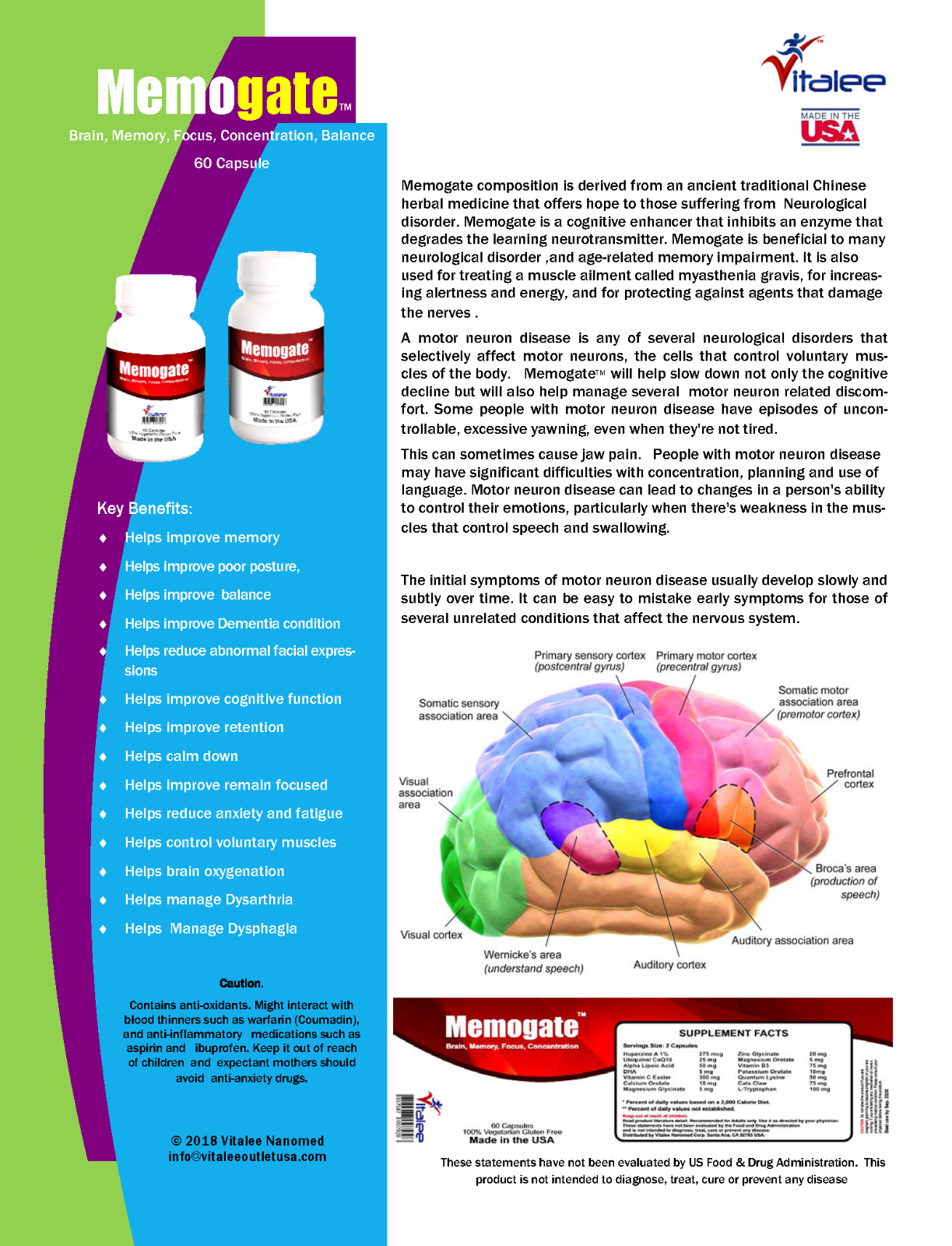Memogate- Memory, Brain Focus, Concentration, Cognitive Enhancer (Caps 60 cnt)