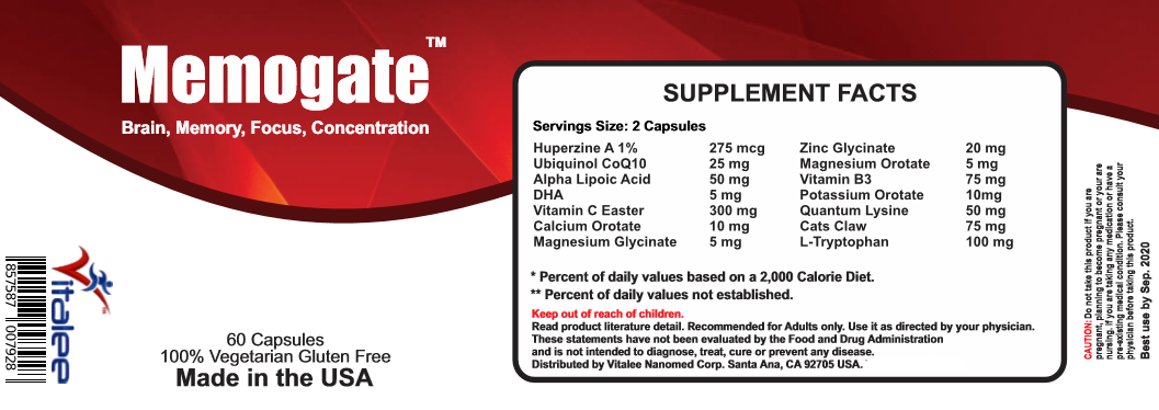 Memogate- Memory, Brain Focus, Concentration, Cognitive Enhancer (Caps 60 cnt)